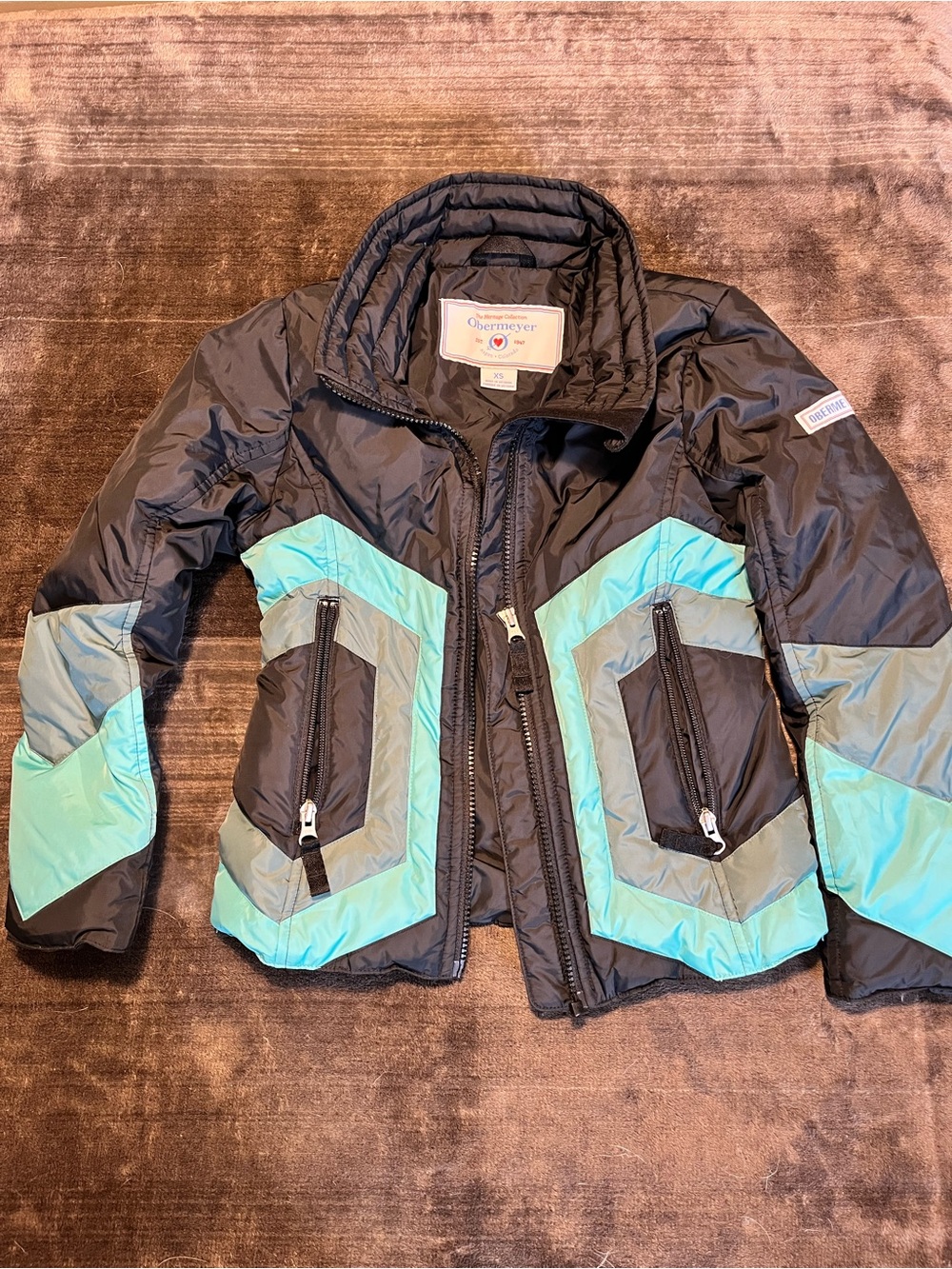 Obermeyer Down Puffer Jacket Black Aqua Geometric XS Women’s